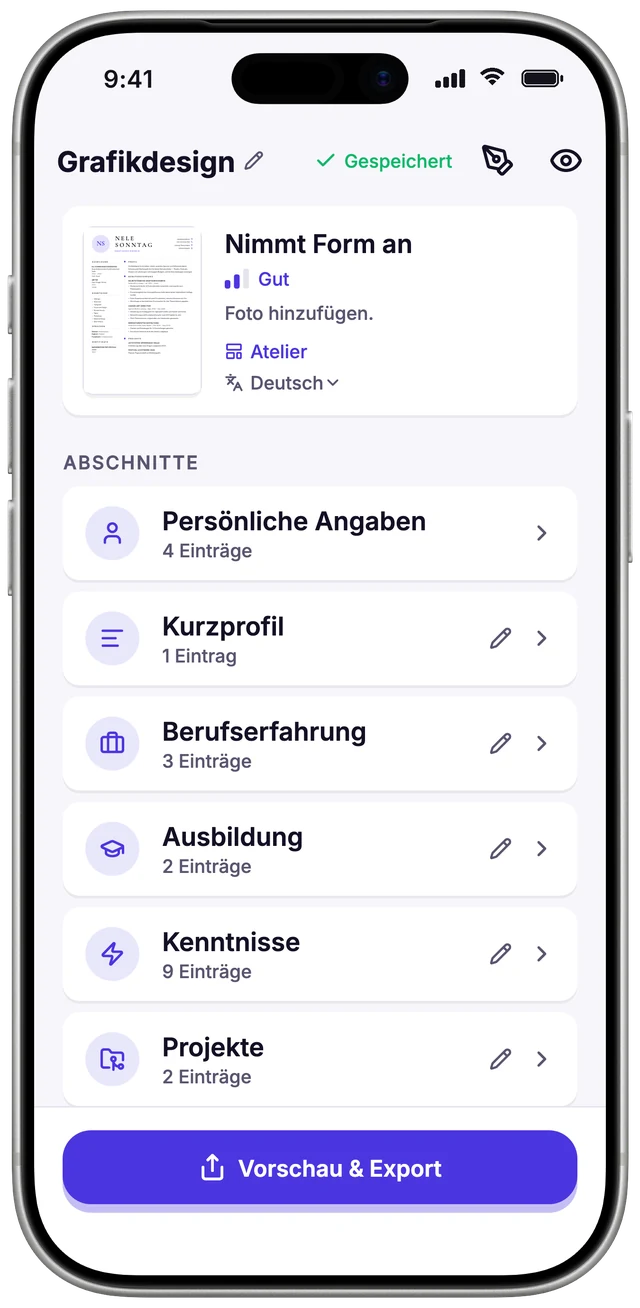 Abschnitte des Lebenslaufs mit Fortschritt – auf dem iPhone