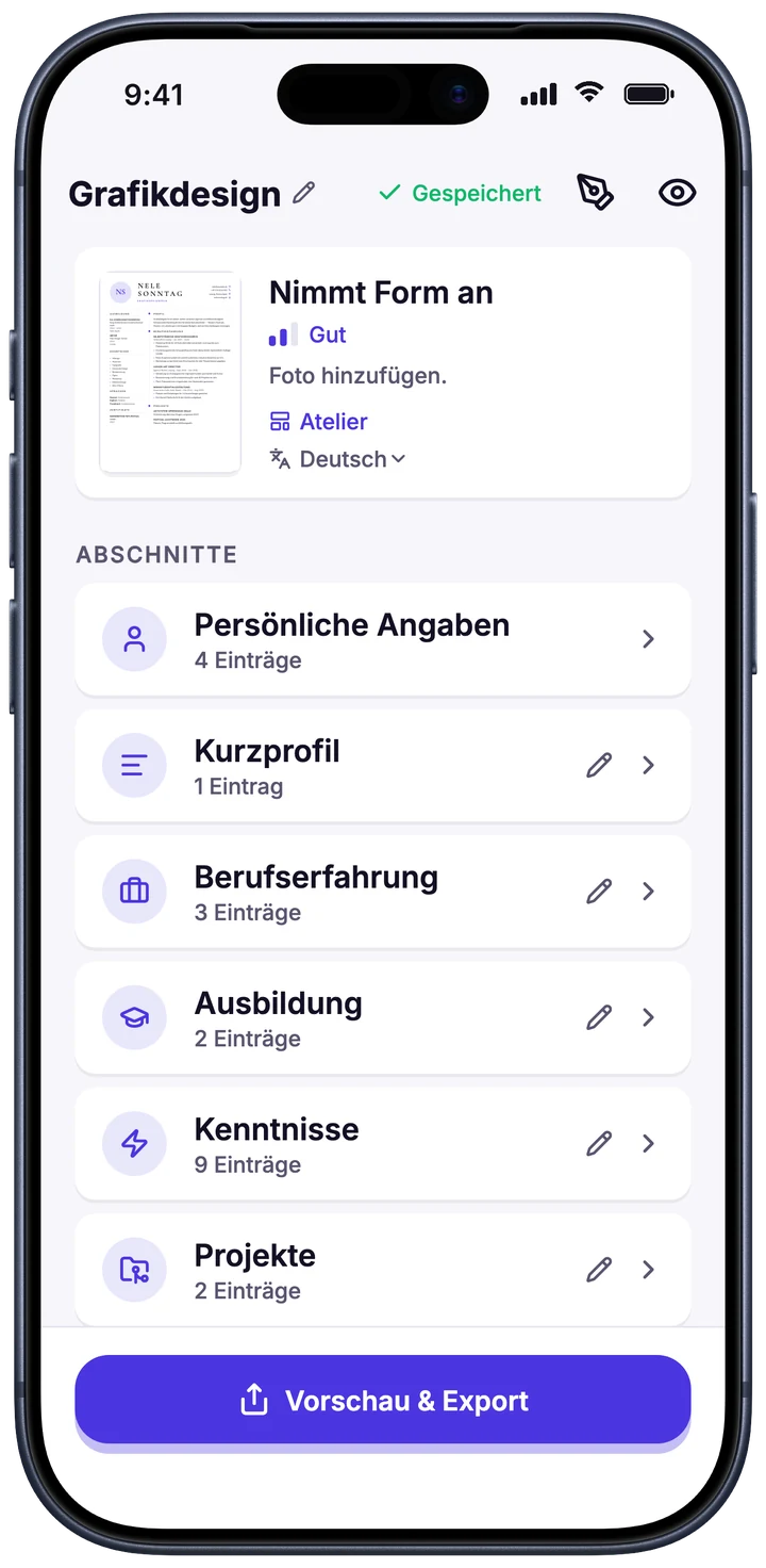 Cvilio auf dem iPhone: die Abschnitte eines Lebenslaufs