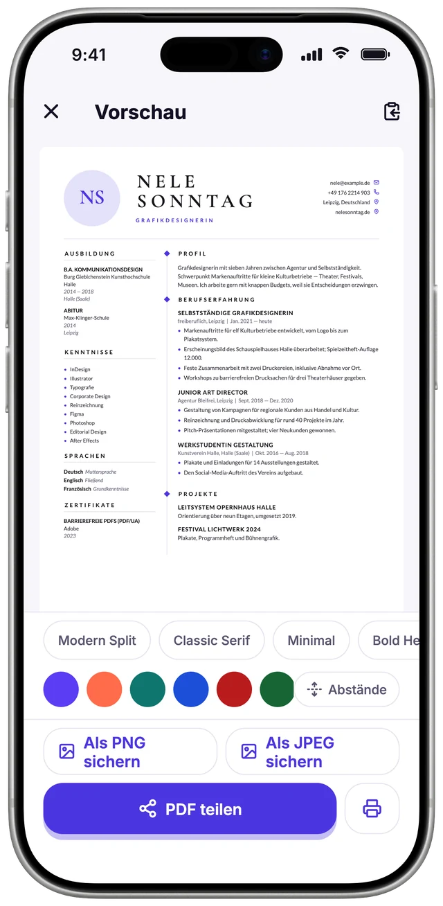 Vorschau mit Designs, Farben und Export – auf dem iPhone