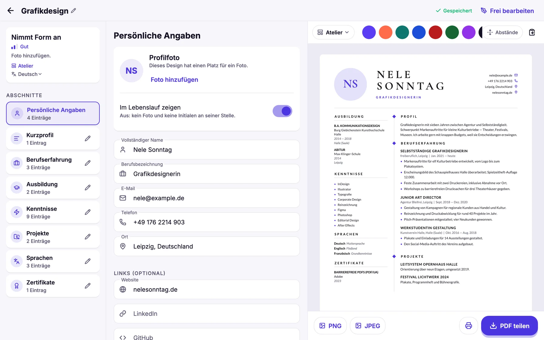 Die Web-App: Abschnitte, Formular und Live-Vorschau des Lebenslaufs